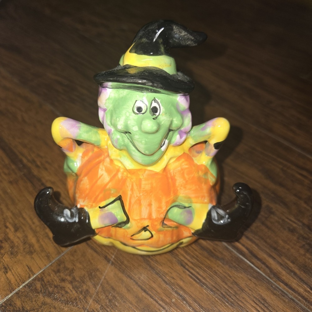 Witch Figurine Sitting in Pumpkin Halloween Decor Ceramic Decoration